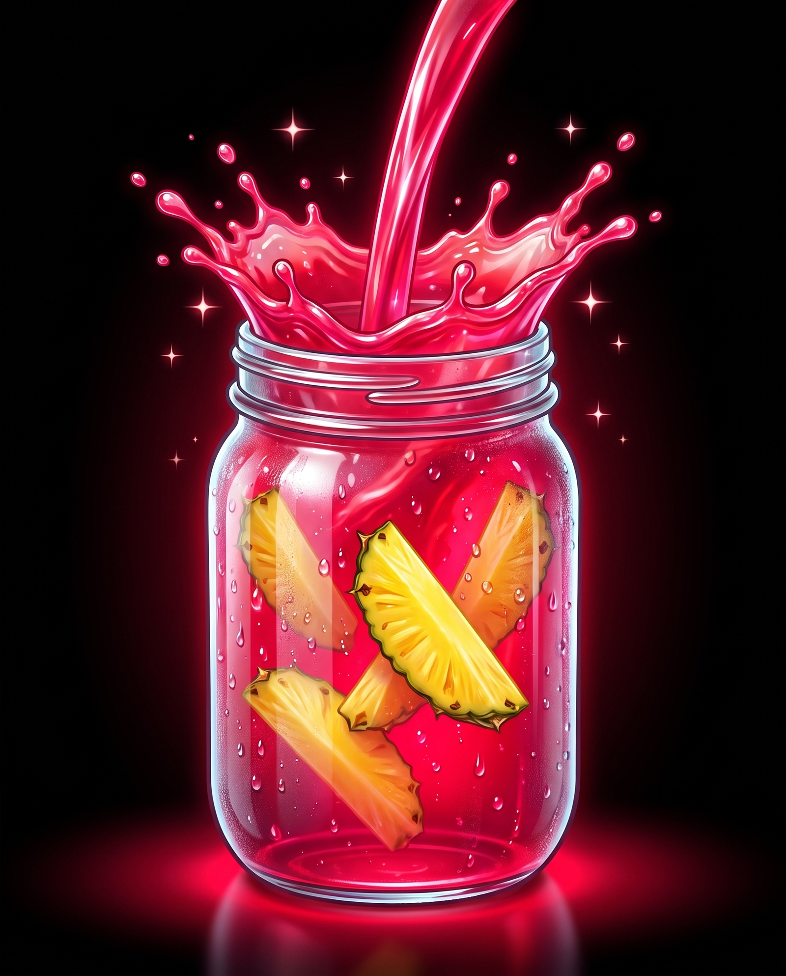 Kool-Aid pouring into a jar of pineapple spears