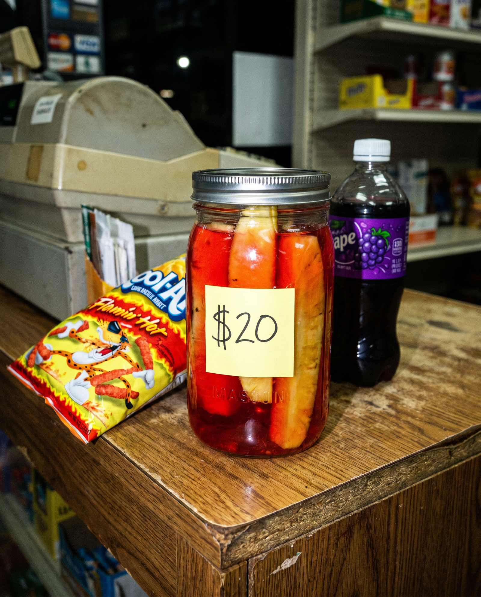 Jar of Kool-Aid pineapple spears on a corner store counter
